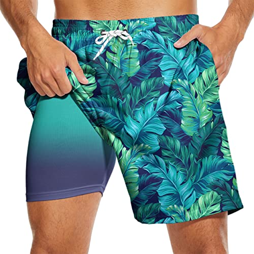 Hawaiian Shorts Men's Swim Trunks with Compression Liner Tropical Palm Leaves Men Swimming Trunks Bathing Suits