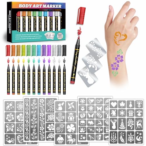 Marqueurs de tatouage temporaires pour enfants et adultes, 12 marqueurs métalliques et 155...