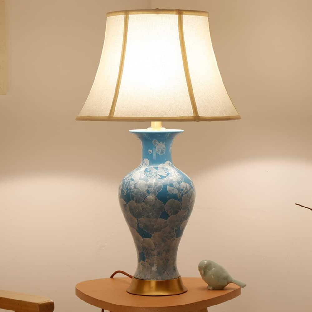 asdchZen Ceramic Minimalist Vase Table Lamp Farmhouse Bedside Bedside Table Lamp Fabric Bell Shade Chinese Style Porcelain Table Lamp E27,For Living Room