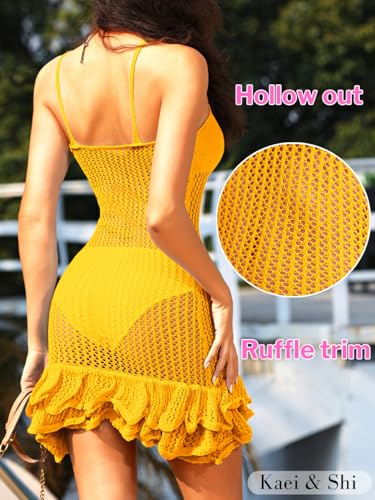 Kaei&Shi Crochet Beach Cover Up,Fishnet Frilly Mini Dress,V Neck Swimsuit Pool Party Outfits for Women Vacation Night Out3