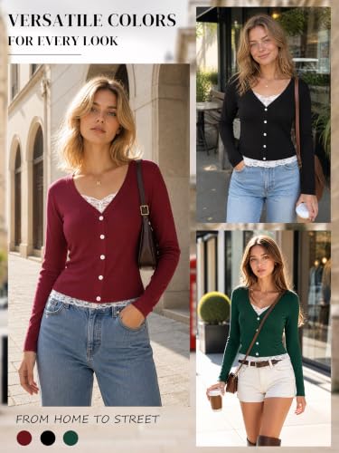 Image of Womens Lace Long Sleeve Top Paneled Henley Shirts Y2k 2000s Fitted Going Out Tops Blouse
