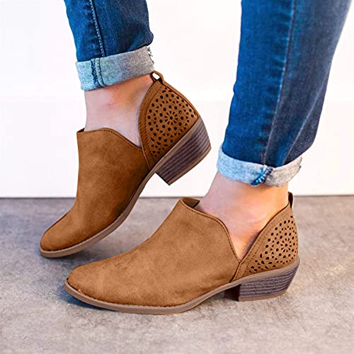 Cowboy Boots for Women Ankle Booties for Women Casual Short Chunky Heel Slip On Hollow Out Low Heel Side V-Cut Western Booties Shoes