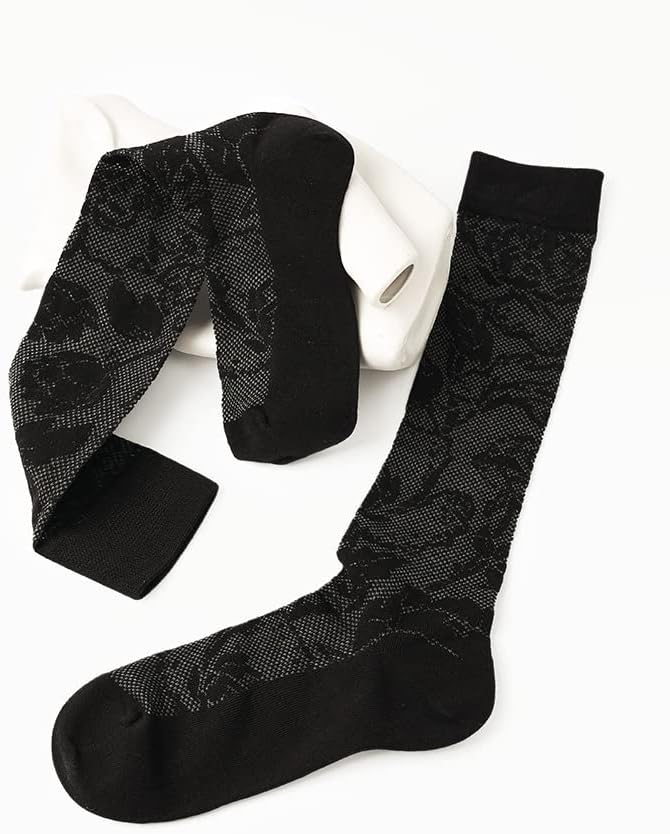 Sahabowi カービングフラワーカーフソックス女性用、コットンハイニーストッキング、伸縮性ストレッチ薄型(HS202304242