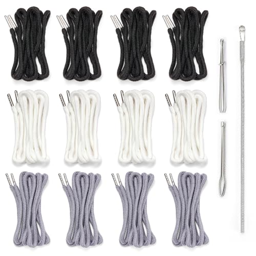 12 Pieces Drawstring Pants Threader with Replacements Draw Strings for Men & Women, 57 Inch Drawstring Cord for Shorts, Pants, Sweatpants, and Hoodies Repairing (4 Black, 4 White, 4 Grey)