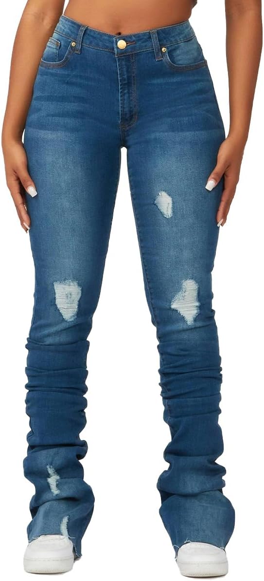 Stacked Flared Jeans for Women High Waisted Stretchy Slim Fit Skinny Bell Bottom Jeans Trendy Flare Denim Pants