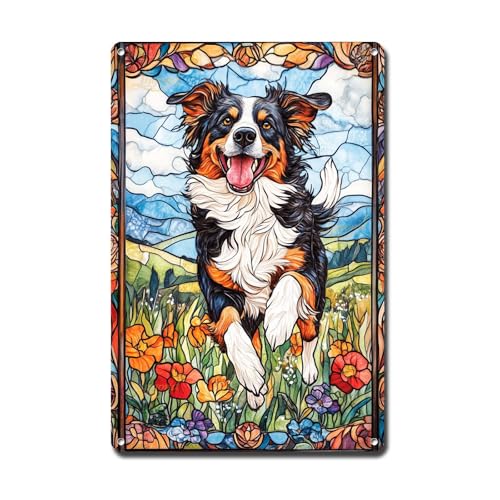 Lygond Tin Sign Vintage Wall Art Decorative Gift Vintage Australian Shepherd Dog Running in Garden Metal Wall Art Retro Animal Pet Decor Office Bathroom Signs for Home for Restaurant 6×8 Inches