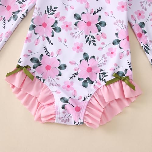 Image of IZYJOY Girl Long Sleeve Swimsuits Ruffle One Piece Rash Guard Bathing Suits Kids Floral UPF 50+ Zipper Swimwear 7-12Y(150(10-11 Years), Flower-Pink)