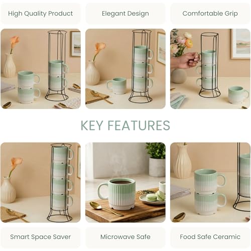 Image of The Earth Store Green Fringe Premium Ceramic Tea Cup Set of 4, 200 ML | Microwave and Dishwasher Safe Space Saver Tea Cup with Stand | Coffee Cups for Gifting, Home & Office Use, Every Occasion