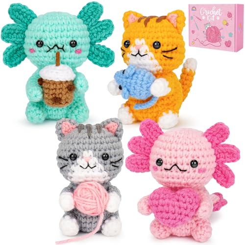 Fortunings JDS Crochet Kit for Beginners Axolotls & Cat Crochet Kit for Adults Beginner Complete Crochet Animals Starter Kit with Step-by-Step Video Tutorials Easy Knitting Kit Cat Crafts Gifts