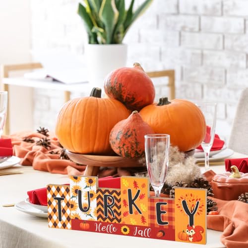 Halloween Decorations Wooden Table Sign Thanksgiving Decor, Autumn WICKED Trick or Treat Reversible Double-sided Pattern Tabletop Centerpiece Turkey for Farmhouse Desk Tiered Tray Party shelf Decor