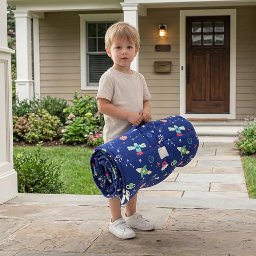 Image of PHF Soft Toddler Nap Mat with Removable Pillow, Rollup Design Kids Sleeping Mat, Slumber Bags for Boys, 55 inchx23 inch Toddler Sleeping Bag for Daycare Preschool Travel Camping, Space Star