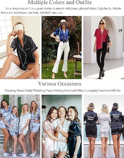 Image of Ekouaer Pajamas for Women Set Silk Satin Pjs Button Down Sleepwear Summer Loungewear Top and Shorts Lounge Set S-XXL