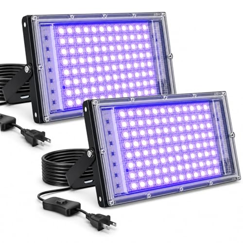 Image of QWORK 100W UV Black Light Flood Lights - 2 Pack, IP65 Waterproof Stage Lighting for Glow Party Halloween Body Paint Neon Fluorescent Poster Indoor Outdoor Use
