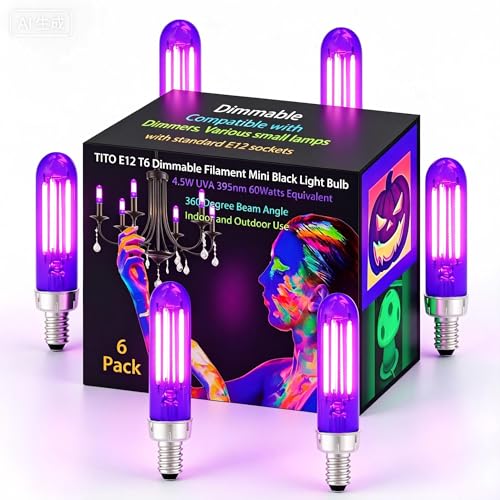TITO 6 Pack E12 T6 395nm Dimmable Mini Black Light Bulb Halloween & Display