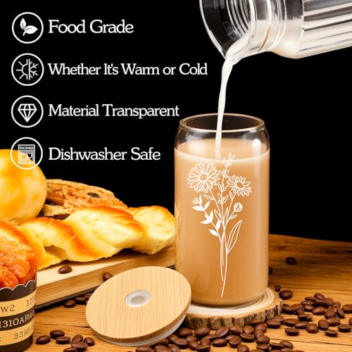 Vasos de cristal estéticos de flores de 16 oz para tus tardes de café helado en casa 5