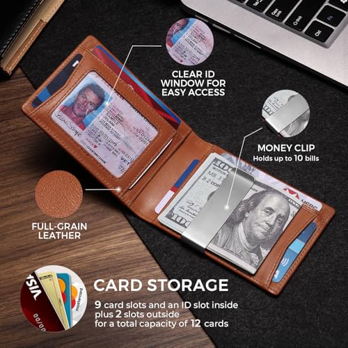 Image of Zitahli Genuine Leather Wallet for Men 12 Card Slim Mens Wallets Bifold RFID Blocking with Money Clip & ID Window Thin Minimalist Card Holder Wallet with Gift Box