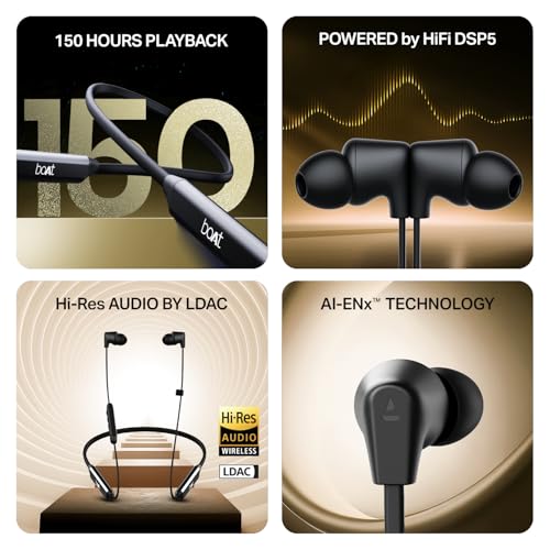 Image of Boat Rockerz Trinity Grande, 150H Battery, Hi Res Audio by LDAC, Dual Pair, ENx Tech, Stream Ad Free Music via App Support, Bluetooth Neckband, Wireless with Mic Earphones (Black)