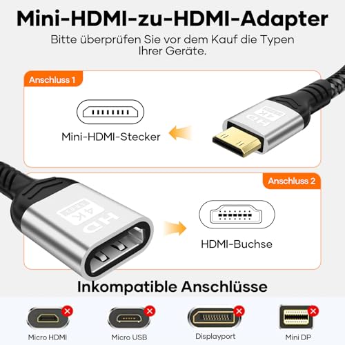 Kryoza Mini HDMI auf HDMI Adapter,HDMI auf mini hdmi Support 4K@60Hz,UHD,3D,HDR,ARC Mini HDMI Adapter,Kompatibel mit DSLR,Camcorder,Laptop,Tablet,HDTV,Projector,Raspberry Pi