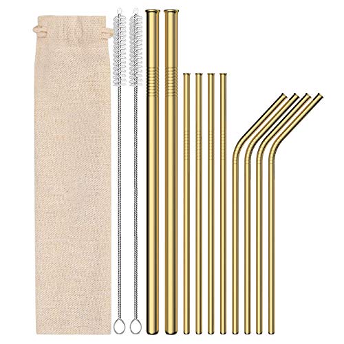 homeasy Rietjes, roestvrij staal, set van 10 herbruikbare rietjes in goud met borstels (6 recht/4 gebogen / 2 borstels) voor cocktails, smoothie en sappen