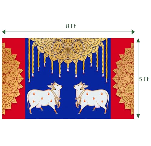 Image of Dhara Blue Red Cow Dhenu Backdrop Cloth for Pooja - 8ft x 5ft, Traditional Indian Poojas, Weddings, and Festivals. Washable Fabric