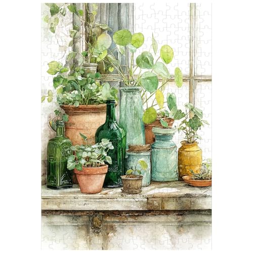 Rompecabezas de 300 piezas para adultos: Escena de plantas verdes en el alféizar de la ventana, 15 x 10 pulgadas, decoración para el hogar, regalo para cumpleaños o fiesta miniatura 1