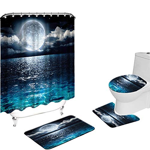 VividHome 4-teiliges Duschvorhang-Set mit rutschfesten Teppichen, Vollmond über Ozeanlandschaft Polyester Duschvorhang…