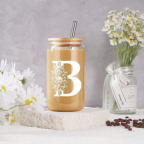 Image of Coolife Initial Glass Cup, Monogrammed Gifts for Women, 16 oz Tumbler w /Lid | Iced Coffee Smoothie Beer Tumbler w /Straw Lid - Personalized Christmas, Birthday Gifts for Woman Her Mom Friend