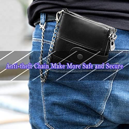 TEUEN Mens Wallet RFID Blocking Soft Genuine Leather Gents Wallet with Chain, Double Zipper Men Leather Wallets with Coin Pocket Small Mens Bifold Wallets 16 Card Holder (Black)