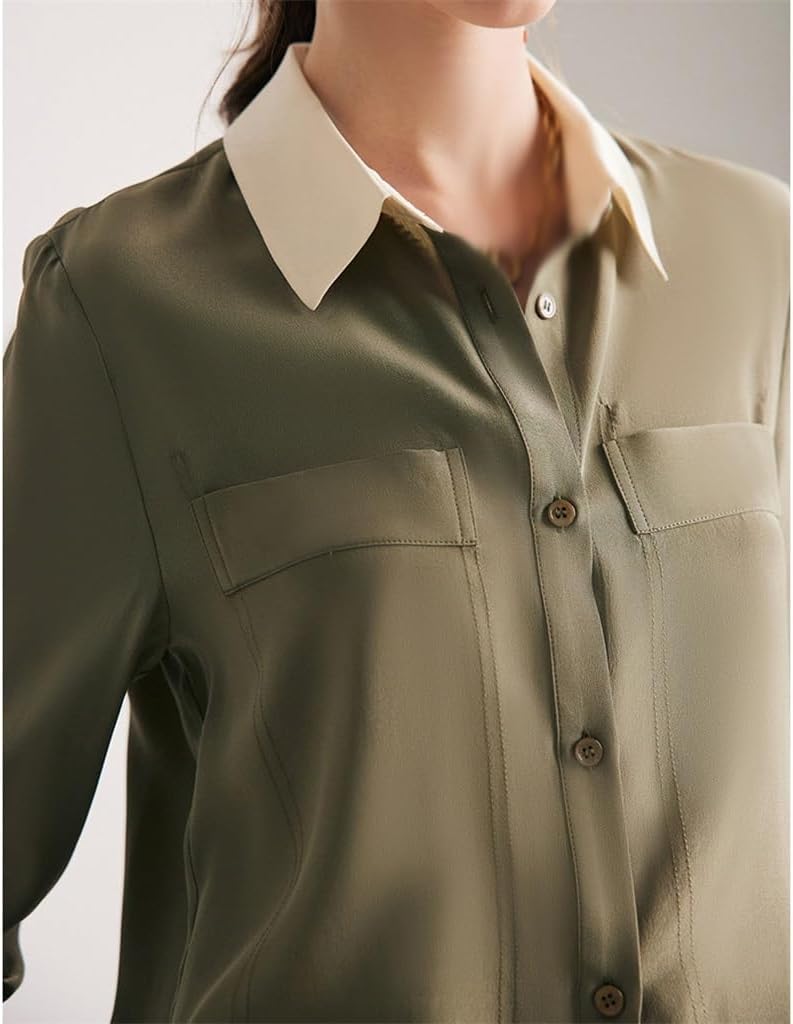Silk Shirt, Women's Crepe Commuting Collar, Long Sleeved Silk Top