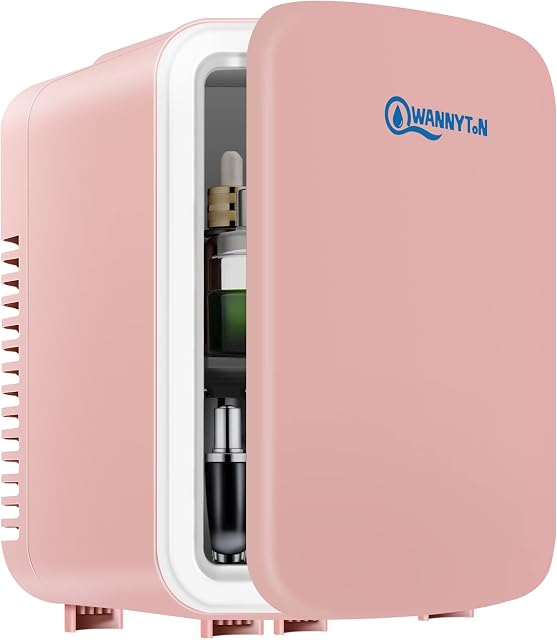 WANNYTON Mini Fridge 4 Litre / 6 Can Portable Fridge Cooler/Warmer, Car Fridge Drinks Fridge, Table Top Fridge Small Fridge for Skincare, Cosmetics, AC/DC, 220V/12V, Pink, 24.5x18.5x27cm