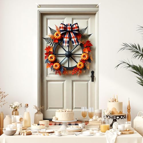 Image of Fall Wagon Wheel Door Cover 35x71in Pumpkin Maple Plaid
