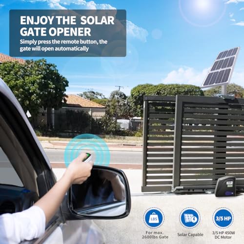 TOPENS DKR1100ST Solar Sliding Gate Opener Rack Drive Automatic Gate Motor for Heavy Driveway Slide Gates Up to 2600 Pounds, Electric Gate Operator Battery Powered with Solar Panel Remote Control Kit