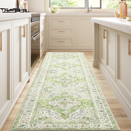 Runner Rug 2x10 Boho Non-Slip Low-Pile Green