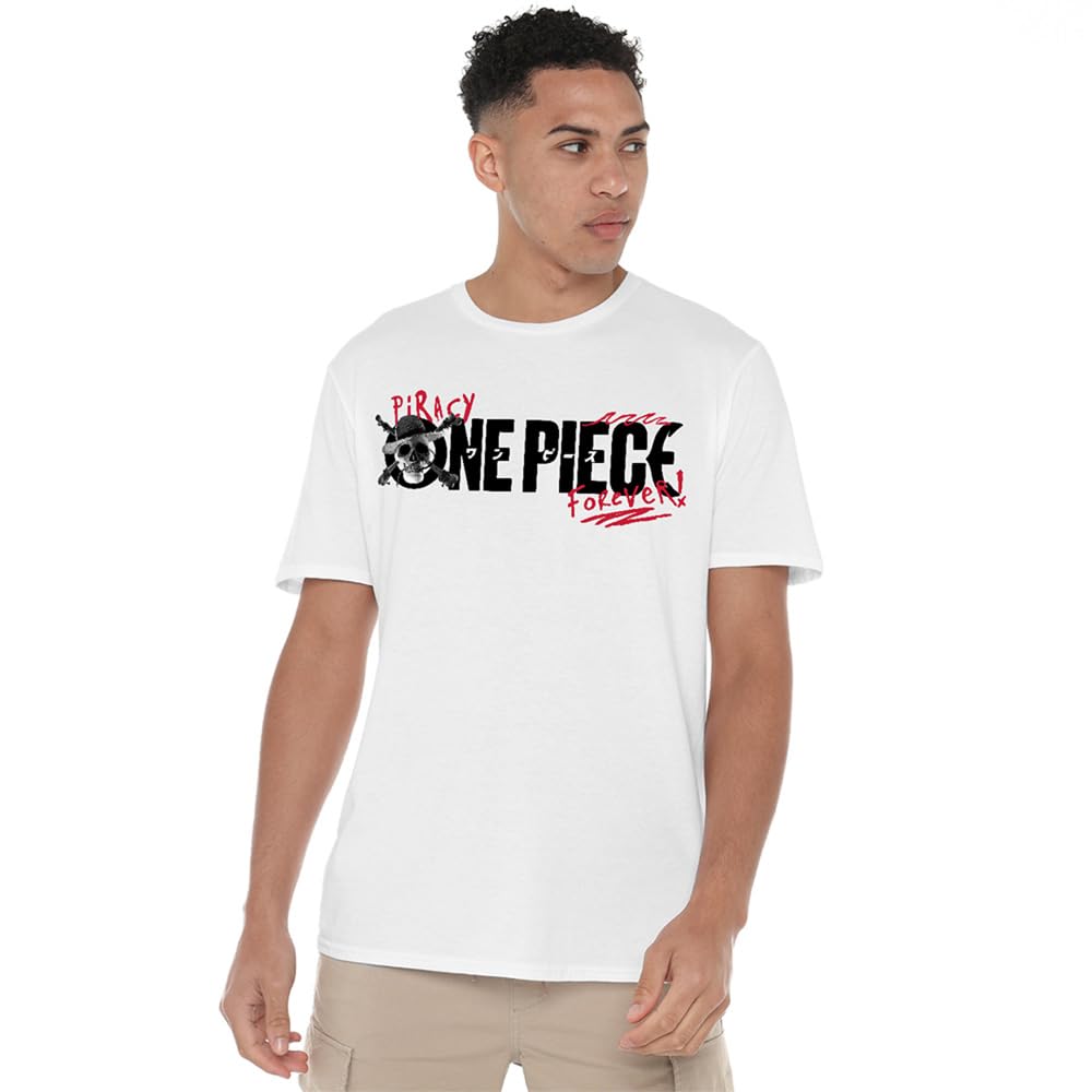 One Piece Men's Skull Piracy Forever Front Back T-Shirt - White - XXL