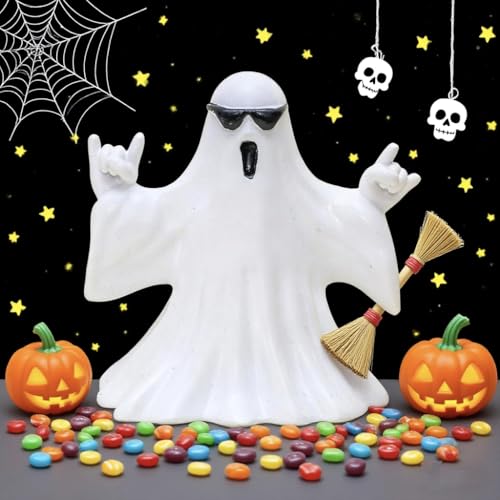 Halloween Ghost Figurine - Spooky Resin Ghost Statue, Cute Finger Spooky Decor for Halloween Decorations, Porch and Indoor Spooky Home Decor, Ghost with Glasses