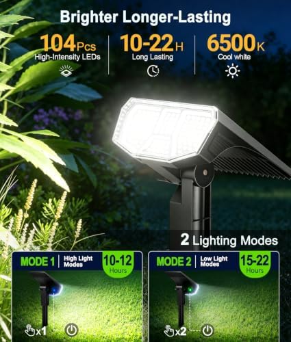 LETMY 6 Pack Solar Spot Lights Outdoor, 104 LED Solar Spotlights, IP65 Waterproof Solar Powered Outdoor Lights, Auto On/Off, Solar Lights Outdoor for Yard, Garden, Patio, Wall, Tree & Flag, Cool White Alternate view