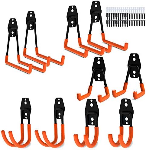 Tonsiki 10 Pieces Garage Storage Utility Double Hooks, Multi-size Heavy Duty Iron Wall Mount Tool Holder for Home Chair Ladder, Organizing Power Tools, Bulk items
