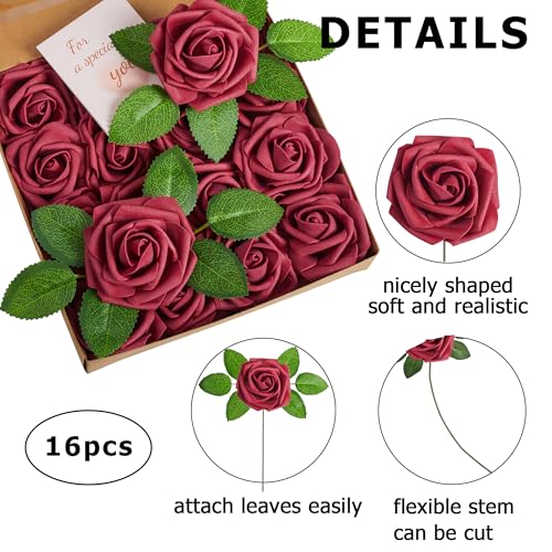 Rosas artificiales rojas burdeos de espuma con tallos para decoración navideña 6