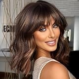 KOME Short Wavy Brown Wig with Bangs, Short Brown Highlight Bob Wigs for Women, Wavy Bob Wig with Bangs Synthetic Natural Looking Wigs 14IN