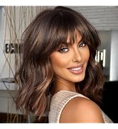 KOME Short Wavy Brown Wig with Bangs, Short Brown Highlight Bob Wigs for Women, Wavy Bob Wig with...