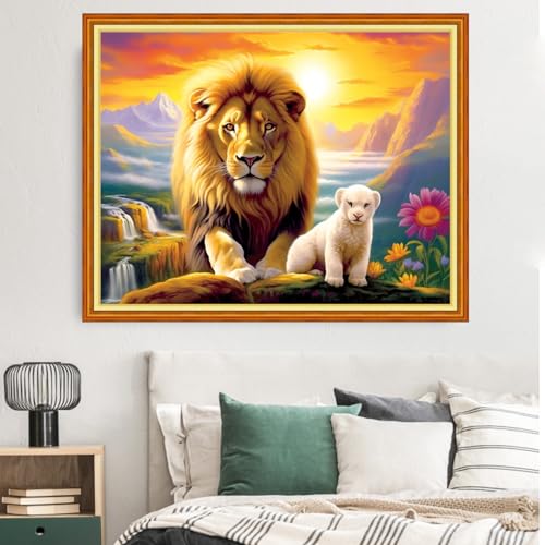 Image of Dimxvean Stamped Cross Stitch Kits,Cross Stitch Kits for Adults Beginners,Embroidery Kits Full Range of Cross Stitch Stamped Kits Needlepoint Kits Cross Stitch Patterns-Lion Sunrise 16x20 inch