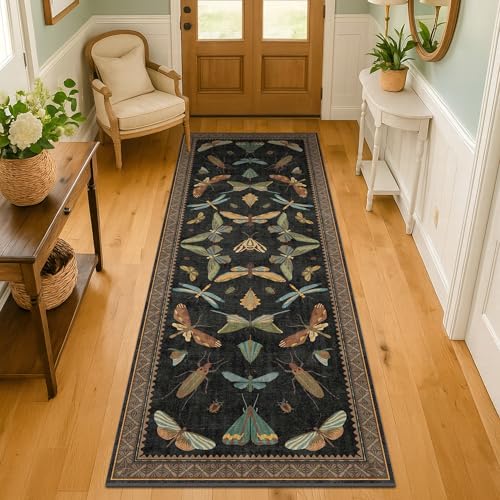 Image of Black Insect 2'6 inchx8' Washable Non Slip Runner Rugs for Hallways, Non Skid Stain Resistant Rug Runners for Kitchen, Entryway, Mudroom -, Dark Floral Boho Cottagecore Home Decor