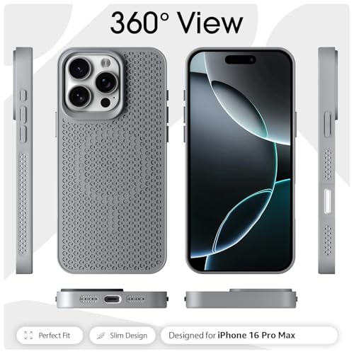 Image of Outlouders Back Cover for iPhone 16 Pro Max | Honeycomb Cooling Design | Silicone Heat Dissipation | Mag-Safe Compatible | Shockproof Camera Protection Bumper Case (Grey Mag-Safe)