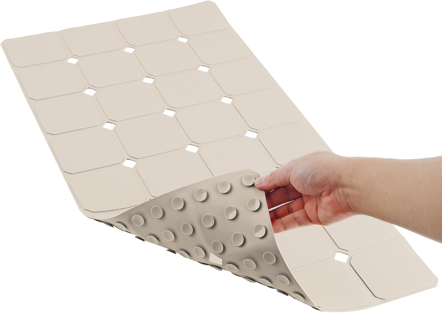 Bathtub Mat Non Slip 15" x 28" Silicone Foldable Tub Mat with Strong Suction Cups & Large Drain Holes, Durable & Eco-Friendly, for Smooth Surfaces, Ideal for Seniors, Adults Beige