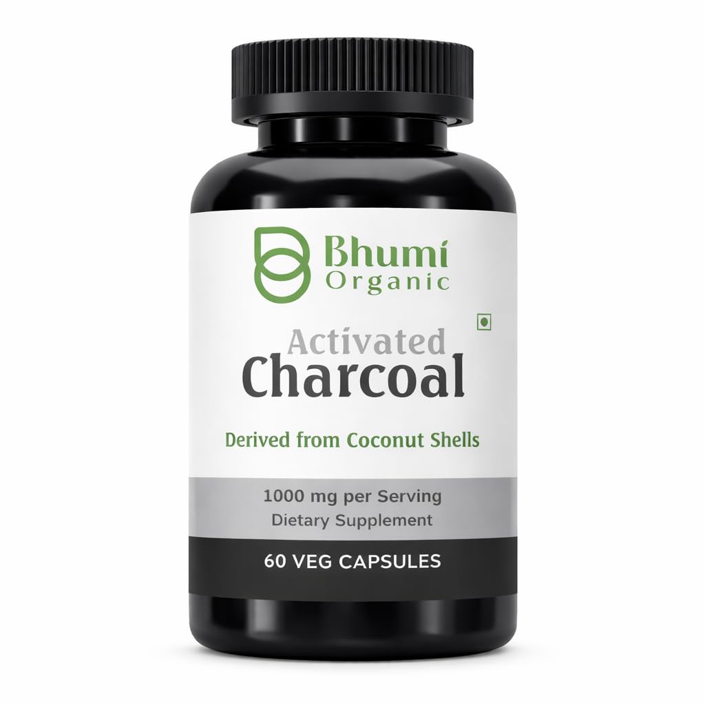 Bhumi Organic Activated Charcoal 500 mg Capsules, 60 Count | Edible Coconut Shell Charcoal, Detox Body, Jet Lags, Detox Alcohol