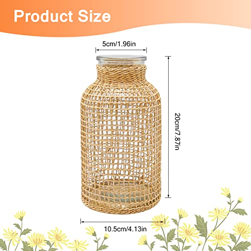 Mdeoosky Straw Woven Glass Vase 8.06''X2.75''X3.93''Boho Glass Flower Vase Country Rustic Style Vase Glass Vase For Floral Arrangements Bottle Height (B Style 8.06In) #TOP3
