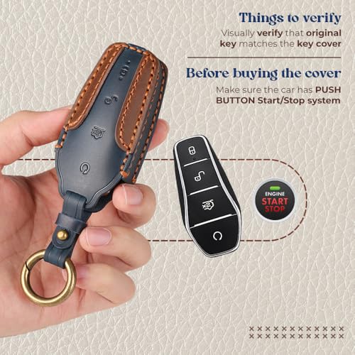 Image of Keyzone dual leather key cover compatible for BYD Seal, Atto3 4 button smart key (BlueBrown)