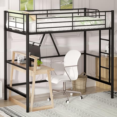 VECELO Metal Loft Bed Twin Size, Heavy Duty Bedframe with Removable Ladder and Safety Guardrail, Space-Saving, Noise Free, No Box Spring Needed, Matte Black