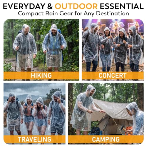 Image of Disposable Rain Ponchos for Adults, 5 Pack /10 Pack, Clear Waterproof Ponchos with Hood for Travel & Hiking