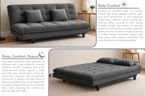 Image of Modern Convertible Three-Seater Futon Sofa Bed with Tufted Sleeper Couch Sofa with Adjustable Backrest, Living Room Furniture - Grey Color